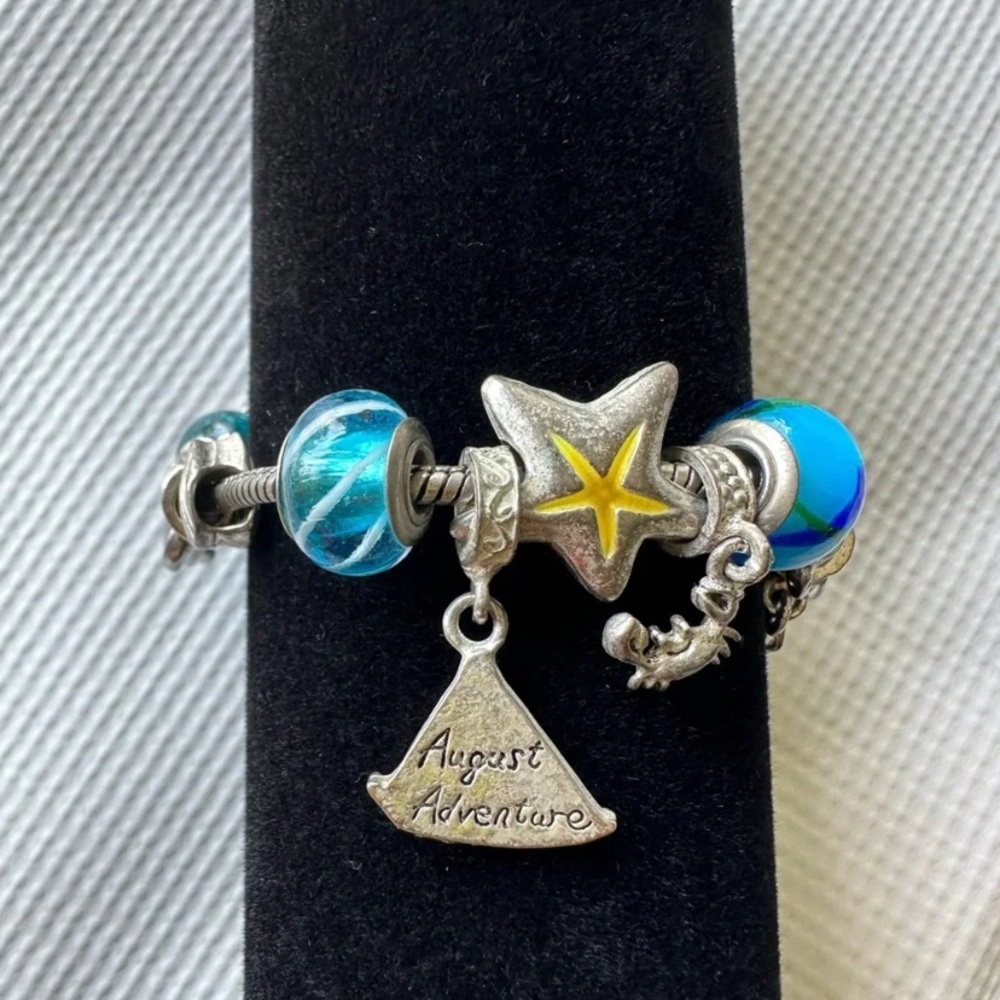 August Adventure Silver Starfish Charm Bracelet with Blue Glass Beads